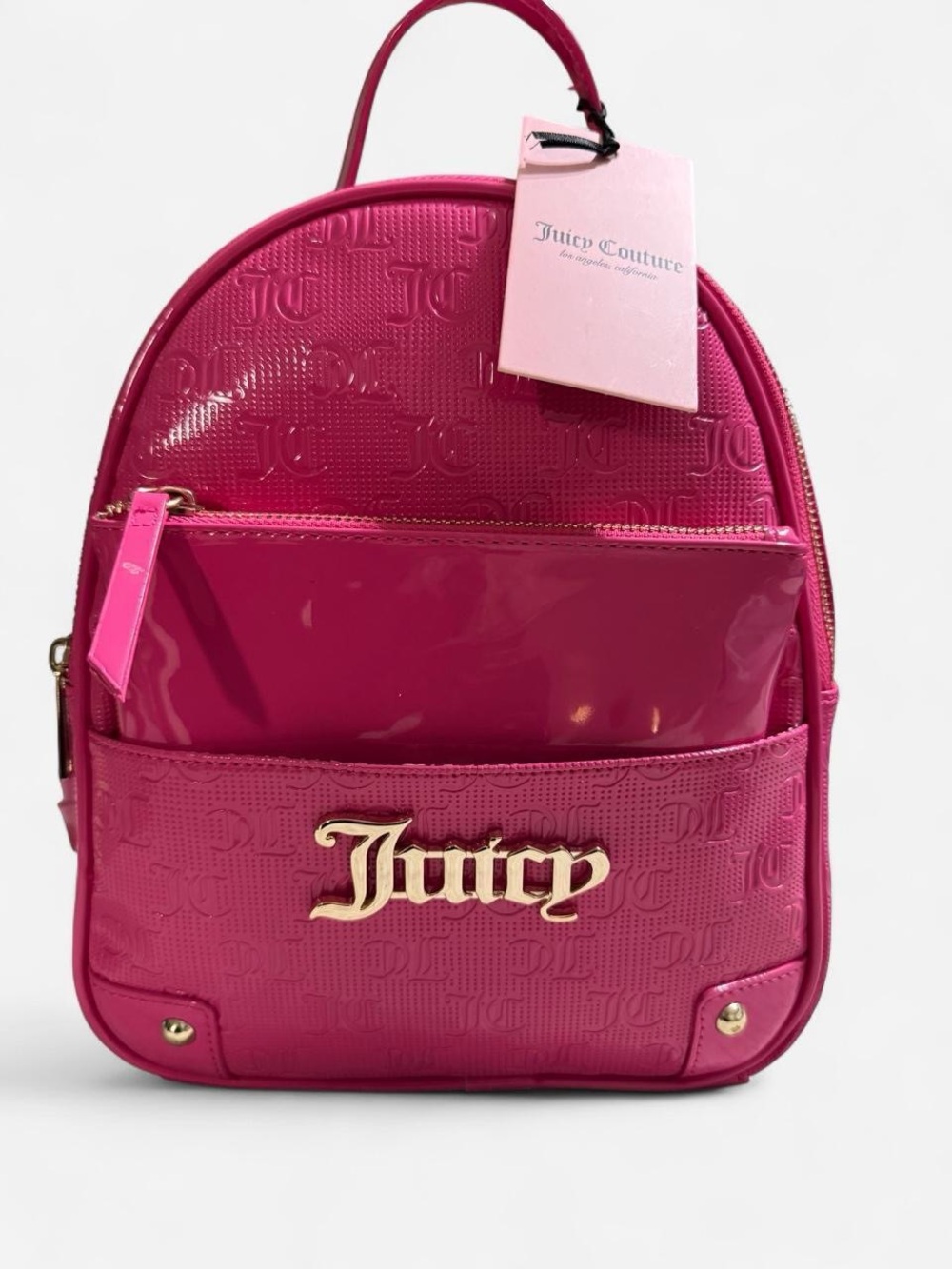 Juicy Couture Fuchsia Patent Mini Gold Logo Backpack with Matching makeup purse